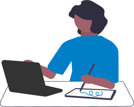 Illustration of a woman taking notes of something she is looking at on her laptop
